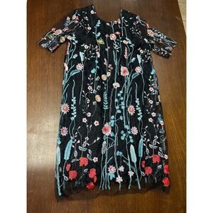 Whimsigoth Fairy Floral Embroidered Lace Dress Women Medium Black Art to Wear